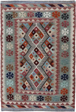 Full view of New Modern Design rug from Pakistan, 147 × 103 cm in Multi Color tones