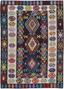 Full view of New Modern Design rug from Pakistan, 239 × 176 cm in Multi Color tones