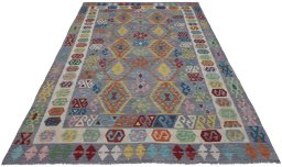 Full view of New Modern Design rug from Pakistan, 296 × 201 cm in Multi Color tones