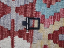 Corner detail of New Modern Design rug showing border pattern and Wool pile