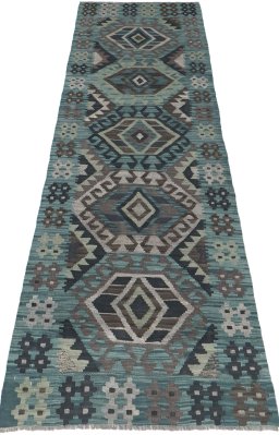 Full view of New Modern Design rug from Pakistan, 272 × 85 cm in Multi Color tones