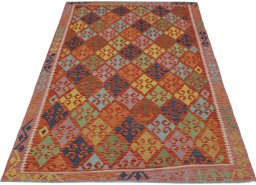 Full view of New Modern Design rug from Pakistan, 233 × 186 cm in Multi Color tones
