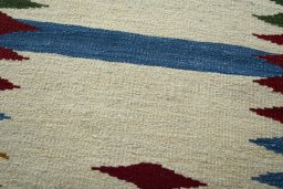 Backside of handmade New Modern Design rug showing knot structure and weave density