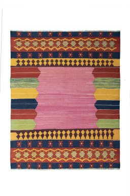 Full view of New Modern Design rug from Iran / Persia, 183 × 145 cm in Multi Color tones