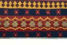 Backside of handmade New Modern Design rug showing knot structure and weave density