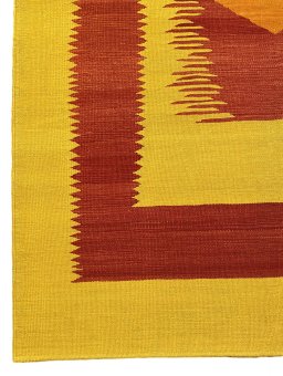 Backside of handmade New Modern Design rug showing knot structure and weave density