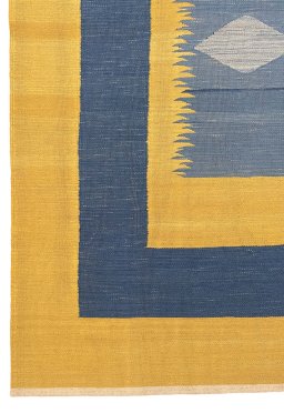 Backside of handmade New Modern Design rug showing knot structure and weave density