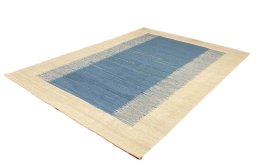 Corner detail of New Modern Design rug showing border pattern and Wool pile