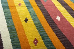 Backside of handmade New Modern Design rug showing knot structure and weave density