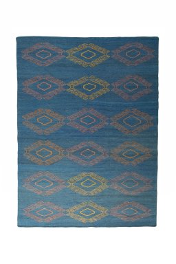 Full view of New Modern Design rug from Iran / Persia, 252 × 186 cm in Blue tones