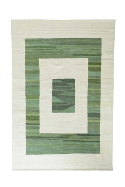 Full view of New Modern Design rug from Iran / Persia, 242 × 163 cm in Beige tones