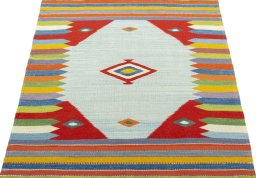 Close-up detail of New Kilim Sofre rug from Turkey showing Wool weave
