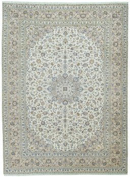 Full view of 2000s Kashan rug from Iran / Persia, 400 × 300 cm in Beige tones