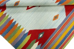 Full view of New Kilim Sofre rug from Turkey, 105 × 99 cm in Multi Color tones