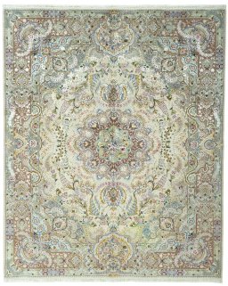 Full view of New Tabriz 50/60/70 Raj rug from Iran / Persia, 248 × 202 cm in Beige tones