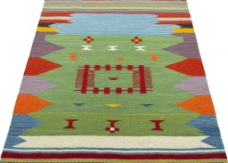 Close-up detail of New Kilim Sofre rug from Turkey showing Wool weave