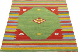 Close-up detail of New Kilim Sofre rug from Turkey showing Wool weave
