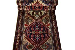 Full view of 2000s Ardebil rug from Iran / Persia, 295 × 78 cm in Beige tones