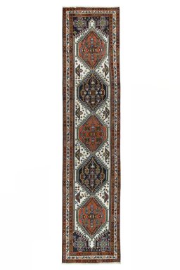 Full view of 2000s Ardebil rug from Iran / Persia, 300 × 69 cm in Beige tones