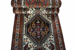 Full view of 2000s Ardebil rug from Iran / Persia, 300 × 69 cm in Beige tones
