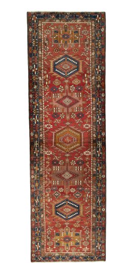 Full view of 1950s Ardebil rug from Iran / Persia, 358 × 110 cm in Red tones