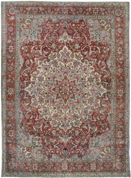 Full view of 1930s Bakhtiar rug from Iran / Persia, 433 × 315 cm in Red tones