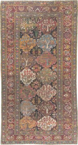 Full view of 1900s Bakhtiar rug from Iran / Persia, 402 × 207 cm in Black tones