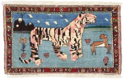 Full view of 1920s Bakhtiar rug from Iran / Persia, 86 × 51 cm in Blue tones