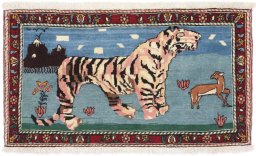 Full view of 1920s Bakhtiar rug from Iran / Persia, 89 × 51 cm in Blue tones