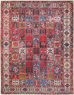 Full view of 1920s Bakhtiar rug from Iran / Persia, 411 × 324 cm in Multi Color tones