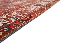 Backside of handmade 1920s Bakhtiar rug showing knot structure and weave density
