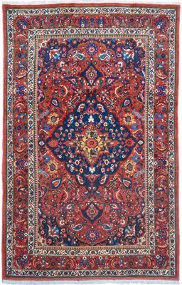 Full view of 1940s Bakhtiar rug from Iran / Persia, 327 × 209 cm in Red tones