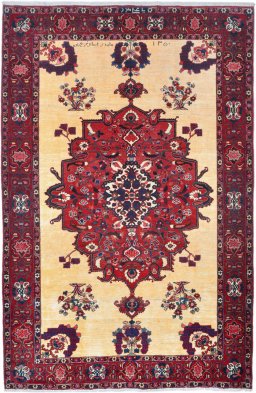 Full view of 1960s Bakhtiar rug from Iran / Persia, 321 × 213 cm in Beige tones