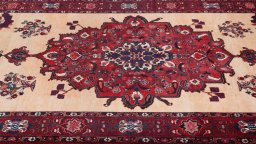 Full view of 1960s Bakhtiar rug from Iran / Persia, 321 × 213 cm in Beige tones