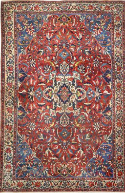 Full view of 1900s Bakhtiar rug from Iran / Persia, 673 × 476 cm in Dark red tones