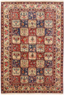 Full view of 1940s Bakhtiar rug from Iran / Persia, 317 × 219 cm in Multi Color tones