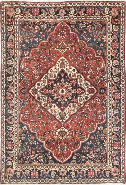 Full view of 1930s Bakhtiar rug from Iran / Persia, 305 × 201 cm in Dark red tones