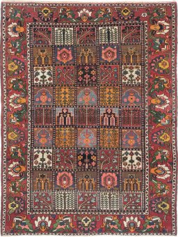 Full view of 1920s Bakhtiar rug from Iran / Persia, 203 × 157 cm in Multi Color tones