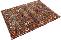 Corner detail of 1920s Bakhtiar rug showing border pattern and Wool pile
