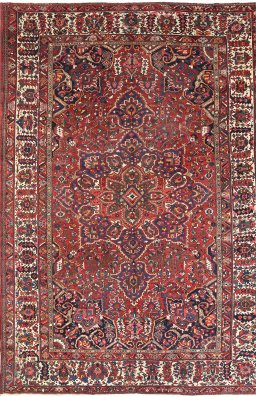 Full view of 1900s Bakhtiar rug from Iran / Persia, 478 × 320 cm in Red tones