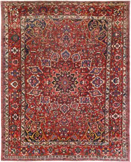 Full view of 1920s Bakhtiar rug from Iran / Persia, 401 × 330 cm in Red tones