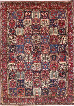 Full view of 1930s Bakhtiar rug from Iran / Persia, 434 × 312 cm in Multi Color tones