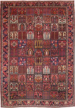 Full view of 1900s Bakhtiar rug from Iran / Persia, 427 × 310 cm in Red tones
