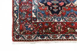 Full view of 1950s Bakhtiar rug from Iran / Persia, 208 × 139 cm in Red tones