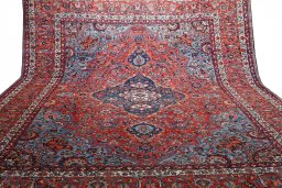 Full view of 1930s Bakhtiar rug from Iran / Persia, 437 × 379 cm in Red tones