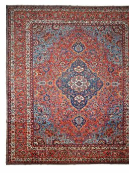 Full view of 1930s Bakhtiar rug from Iran / Persia, 437 × 379 cm in Red tones