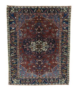 Full view of 1930s Bakhtiar rug from Iran / Persia, 200 × 160 cm in Red tones