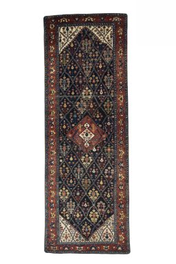 Full view of 1930s Bakhtiar rug from Iran / Persia, 572 × 202 cm in Blue tones