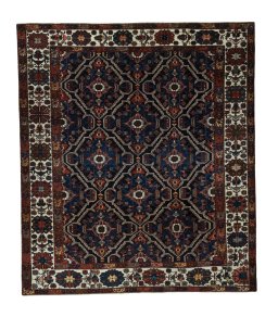 Full view of 1930s Bakhtiar rug from Iran / Persia, 380 × 332 cm in Blue tones