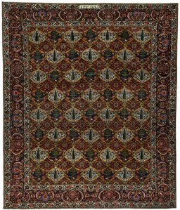 Full view of 1930s Bakhtiar rug from Iran / Persia, 395 × 334 cm in Red tones